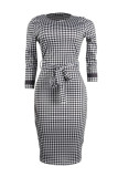 Casual Print Slit With Belt O Neck One Step Skirt Dresses