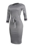 Casual Print Slit With Belt O Neck One Step Skirt Dresses