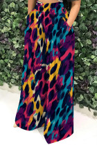 Casual Print Pocket Patchwork Loose High Waist Wide Leg Full Print Bottoms