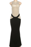 Sexy Patchwork Zipper Contrast O Neck Long Dresses