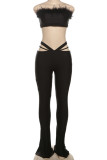 Sexy Solid Color Hollow Out Patchwork Strapless Two Pieces