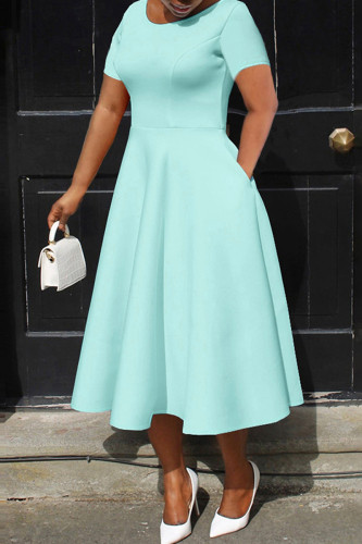 Elegant Solid Color Pocket Patchwork Zipper O Neck A Line Plus Size Dresses