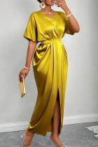 Elegant Solid Color Patchwork Slit V Neck Long Dresses