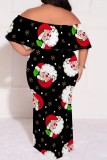 Casual Santa Claus Print Patchwork Off Shoulder Long Plus Size Dresses