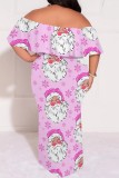 Casual Santa Claus Print Patchwork Off Shoulder Long Plus Size Dresses