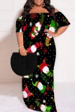 Casual Santa Claus Print Patchwork Off Shoulder Long Plus Size Dresses