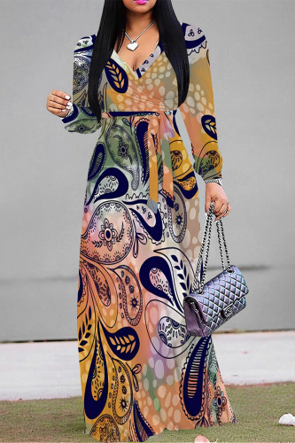 Daily Elegant Floral Print Lace Up Contrast V Neck Printed Dresses