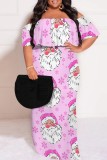 Casual Santa Claus Print Patchwork Off Shoulder Long Plus Size Dresses