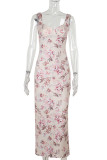 Elegant Print Patchwork Backless U Neck Long Dresses