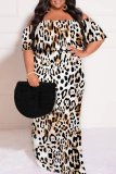 Casual Leopard Print Patchwork Backless Off Shoulder Long Plus Size Dresses