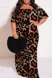Casual Leopard Print Patchwork Backless Off Shoulder Long Plus Size Dresses