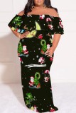 Casual Santa Claus Print Patchwork Off Shoulder Long Plus Size Dresses