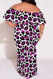 Casual Leopard Print Patchwork Backless Off Shoulder Long Plus Size Dresses