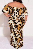 Casual Leopard Print Patchwork Backless Off Shoulder Long Plus Size Dresses