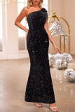 Sexy Prom Solid Color Sequins Sequined Bow Decor Sloping Shoulder Evening Dresses