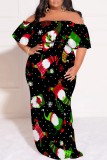 Casual Santa Claus Print Patchwork Off Shoulder Long Plus Size Dresses