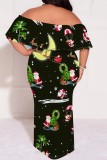 Casual Santa Claus Print Patchwork Off Shoulder Long Plus Size Dresses