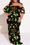 Casual Santa Claus Print Patchwork Off Shoulder Long Plus Size Dresses