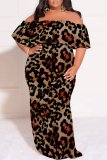 Casual Leopard Print Patchwork Backless Off Shoulder Long Plus Size Dresses