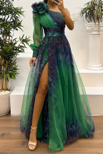 Sexy Prom Floral Print Slit Mesh Flower Shape Sloping Shoulder Evening Dresses
