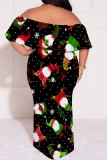 Casual Santa Claus Print Patchwork Off Shoulder Long Plus Size Dresses