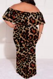 Casual Leopard Print Patchwork Backless Off Shoulder Long Plus Size Dresses