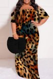 Casual Leopard Print Patchwork Backless Off Shoulder Long Plus Size Dresses