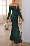 Sexy Prom Solid Color Sequins Slit Sequined Off Shoulder Evening Dresses