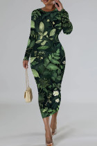 Casual Floral Print Basic O Neck Long Sleeve Dresses