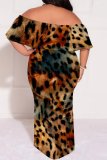 Casual Leopard Print Patchwork Backless Off Shoulder Long Plus Size Dresses