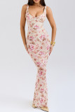 Elegant Print Patchwork Backless U Neck Long Dresses
