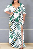 Daily Elegant Geometric Print Lace Up Contrast V Neck Printed Plus Size Dresses