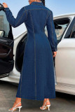 Casual Solid Color Pocket Buckle Patchwork Turndown Collar Long Sleeve Loose Denim Dresses