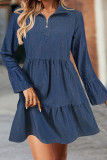 Casual Solid Color Patchwork Zipper Ruffled Trim Zipper Collar Long Sleeve Boot Cut Denim Dresses