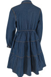 Casual Solid Color Buckle Patchwork Turndown Collar Long Sleeve Boot Cut Denim Dresses