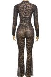 Sexy Leopard Print Patchwork O Neck Long Sleeve Two Pieces