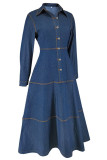 Casual Solid Color Buckle Patchwork Turndown Collar Long Sleeve Boot Cut Denim Dresses