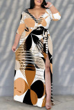 Daily Elegant Geometric Print Lace Up Contrast V Neck Printed Plus Size Dresses