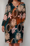 Casual Street Floral Print Pocket Contrast V Neck Printed Plus Size Dresses
