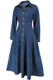 Casual Solid Color Buckle Patchwork Turndown Collar Long Sleeve Boot Cut Denim Dresses