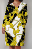 Casual Street Floral Print Pocket Contrast V Neck Printed Plus Size Dresses