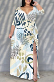 Daily Elegant Geometric Print Lace Up Contrast V Neck Printed Plus Size Dresses
