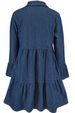 Casual Solid Color Patchwork Zipper Ruffled Trim Zipper Collar Long Sleeve Boot Cut Denim Dresses