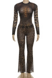 Sexy Leopard Print Patchwork O Neck Long Sleeve Two Pieces
