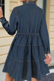 Casual Solid Color Buckle Patchwork Turndown Collar Long Sleeve Boot Cut Denim Dresses