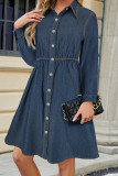 Casual Solid Color Buckle Patchwork Turndown Collar Long Sleeve Boot Cut Denim Dresses
