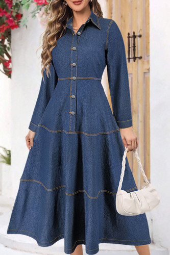 Casual Solid Color Buckle Patchwork Turndown Collar Long Sleeve Boot Cut Denim Dresses