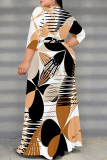 Daily Elegant Geometric Print Lace Up Contrast V Neck Printed Plus Size Dresses
