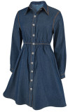 Casual Solid Color Buckle Patchwork Turndown Collar Long Sleeve Boot Cut Denim Dresses