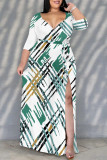 Daily Elegant Geometric Print Lace Up Contrast V Neck Printed Plus Size Dresses